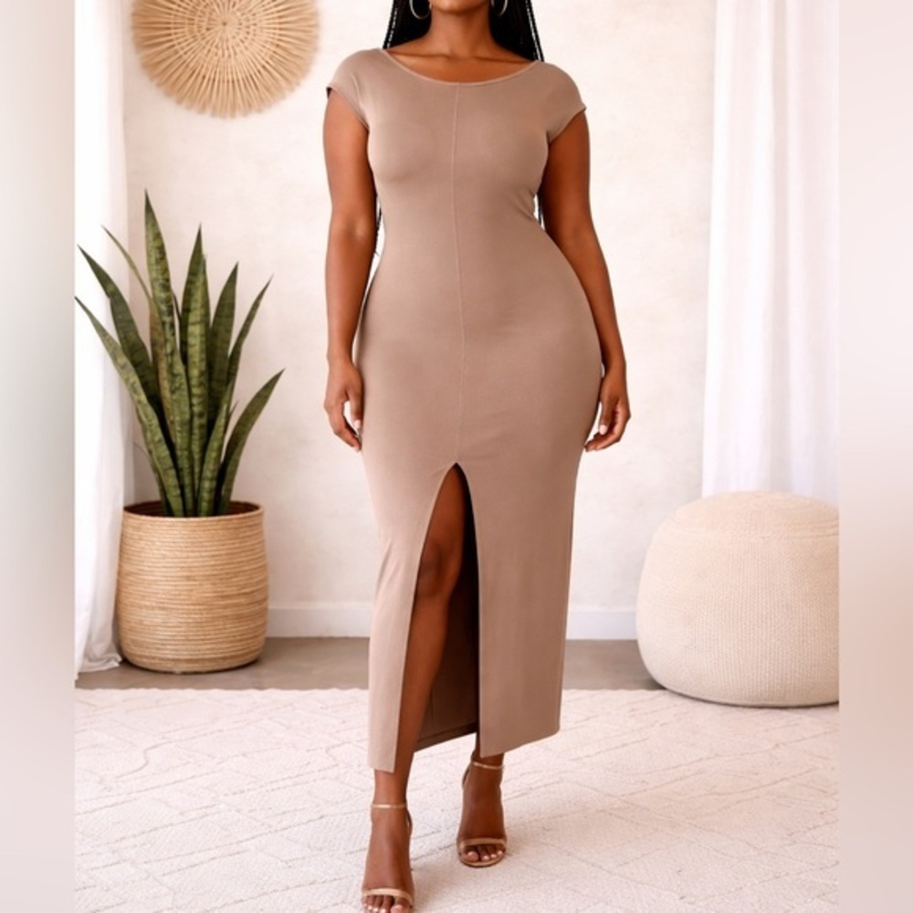 Modern Citizen Knit Tan V-Back Cutout Bodycon Midi Dress